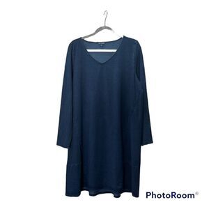 𝅺PURE Jill Indigo Long Sleeve V Neck Classic Knit Tunic Shift Dress Size Large